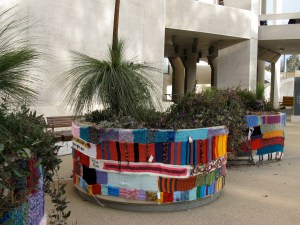 Wrapped planters at the lower entrance to the NGA