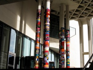 Wrapped poles outside the main entrance, taken from below